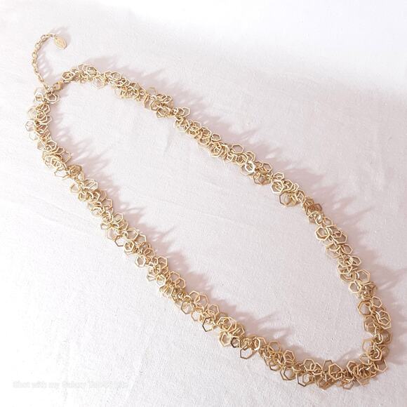 MW Opera Necklace Gold Tone Open Hexagon Clusters Extension Chain - Picture 3 of 9